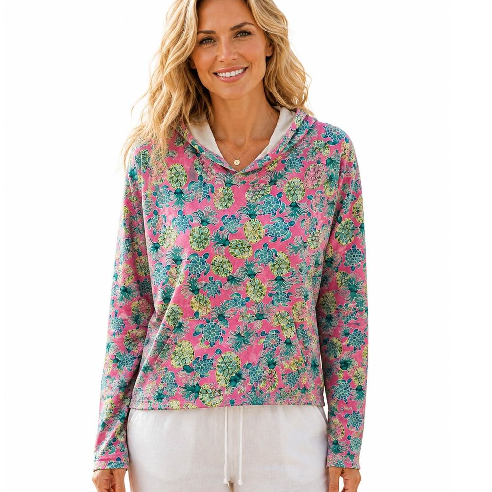 Alvin's Island Turtle Pineapple Hoodie Womens Large PInk UPF 50+ Sun Shirt